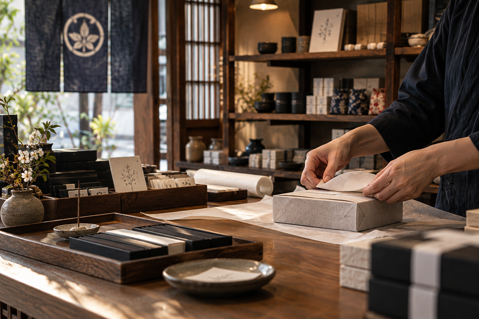 東京の小さな商店で商品を丁寧に包む様子